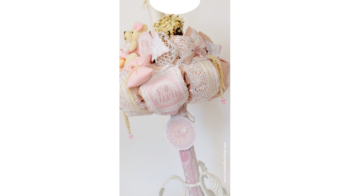 Lumanare botez pentru fetite cu fluturas dantelat, 65x4 cm, Roz prafuit  2